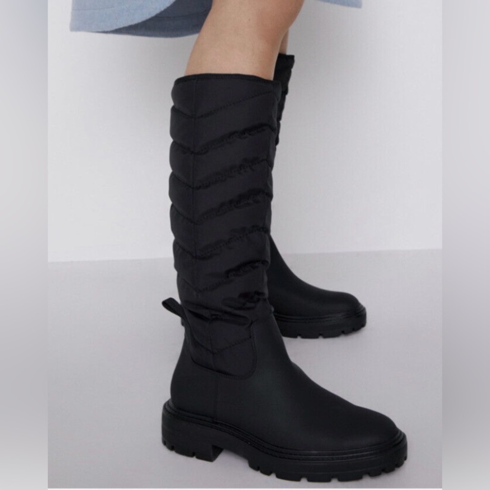 ZARA WOMAN NEW BLACK LOW HEEL RUBBERIZED QUILTED BOOTS US 6